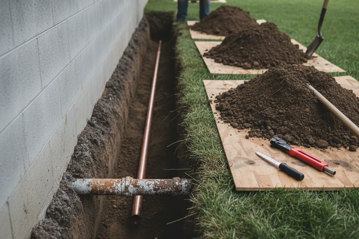 Excavated water line trench during Water Heater Repair in Chocowinity